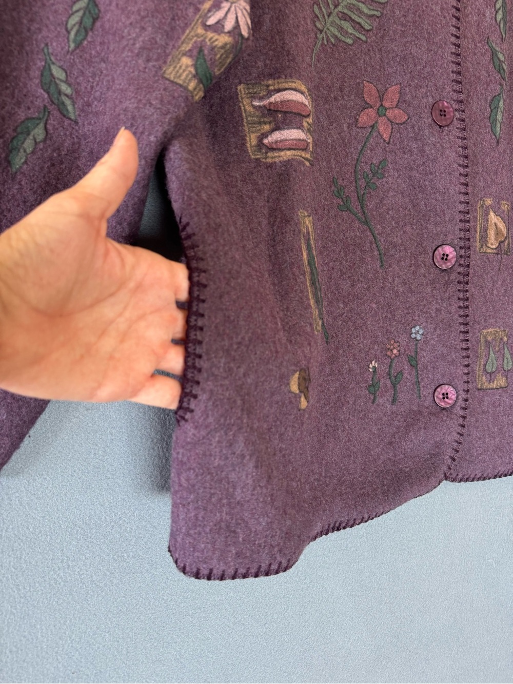Vintage 90s Artisans Purple Botanical Cardigan Jacket USA Made XL - Picture 3 of 10